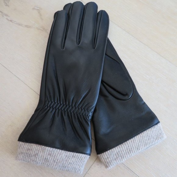 Womens Size 7.5 Driving Gloves Faux Black Leather Wool Knit Lined NEW - Picture 6 of 8